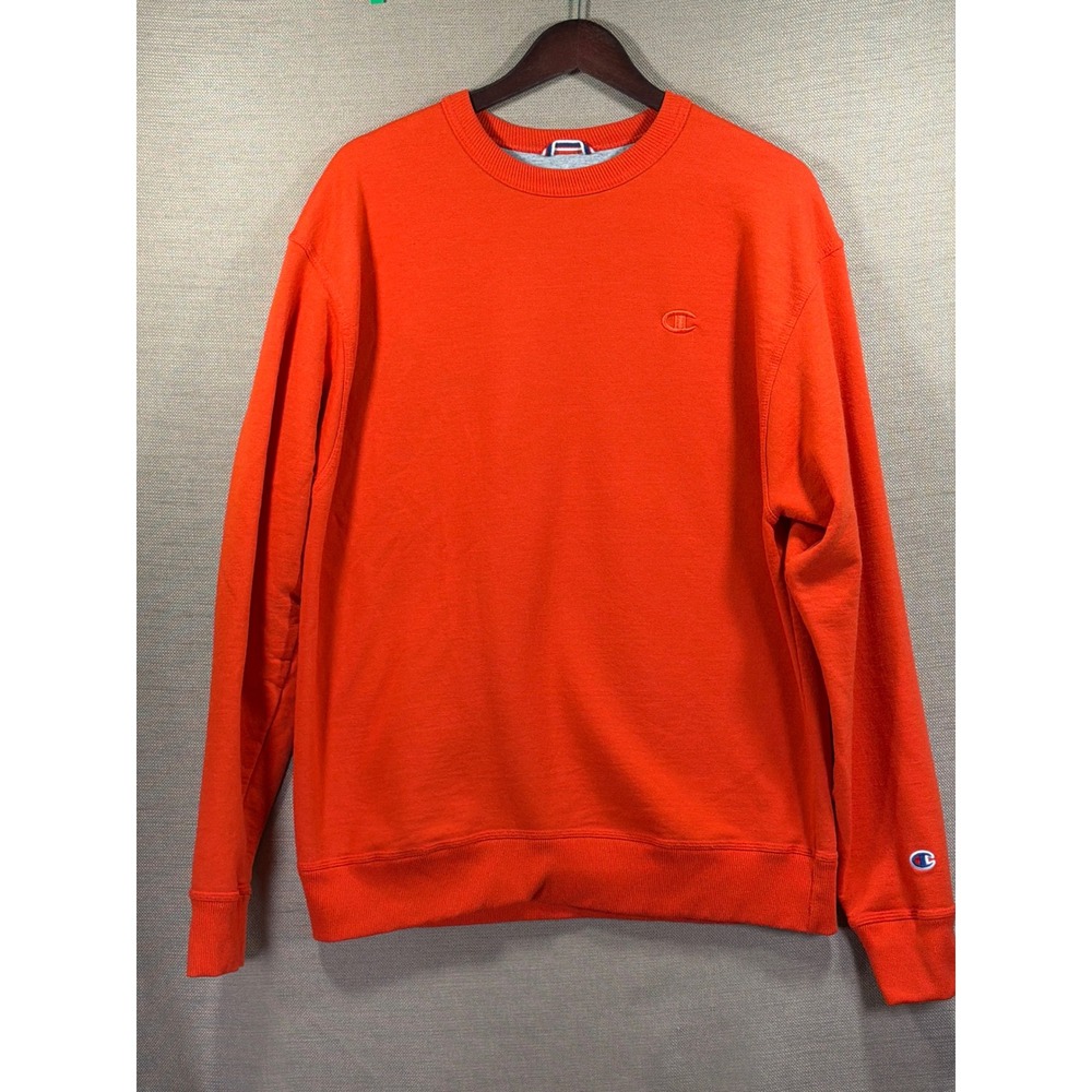 Champion Sweatshirt Mens Large‎ Orange Crewneck Fleece Sleeve Logo Pullover